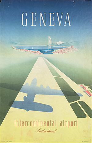 affiche dessinée. Vue depuis le ciel sur le lac de Genève au loin. On est au-dessus de la piste d'atterrissage de l'aéroport. Une ombre d'avion se profile sur la piste, tout semble paisible.