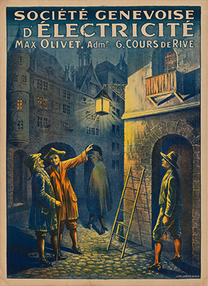 affiche dessinée. Dans une Vieille Ville de Genève année 1900, un homme montre à d'autres hommes un lampadaire illuminé, au centre de l'image. Au-dessus, les mots "Société genevoise d'électricité"