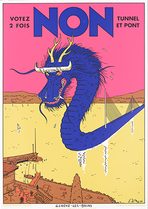 affiche illustrant le lac de Genève en jaune. Un monstre bleu avec des cornes en forme de pare-choc de voiture traverse le lac et semble prêt à attaquer les quais. Le ciel est rose