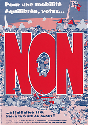 affiche illustrant Genève envahie par les voitures, elles renversent même le jet d'eau et la cathédrale. Le mot "Non" en capitales s'affiche au centre, d'où émergent encore des voitures dans le creux du O