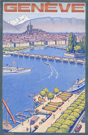 affiche illustrant Genève depuis les quais, avec vue sur la cathédrale et le mont blanc, l'île Rousseau, un bateau sur le lac