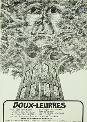 affiche dessinée. Un arbre émerge d'un immeuble. Dans les branches de l'arbre, un grand visage regarde au-dessus de nous. Le titre et le poème sont écrits dans un rectangle arrondi en-dessous