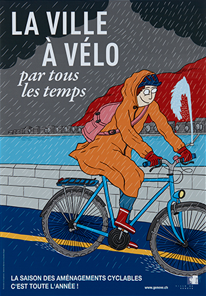 un ou une cycliste en manteau de pluie orange, circule sous la pluie le long du lac, en souriant
